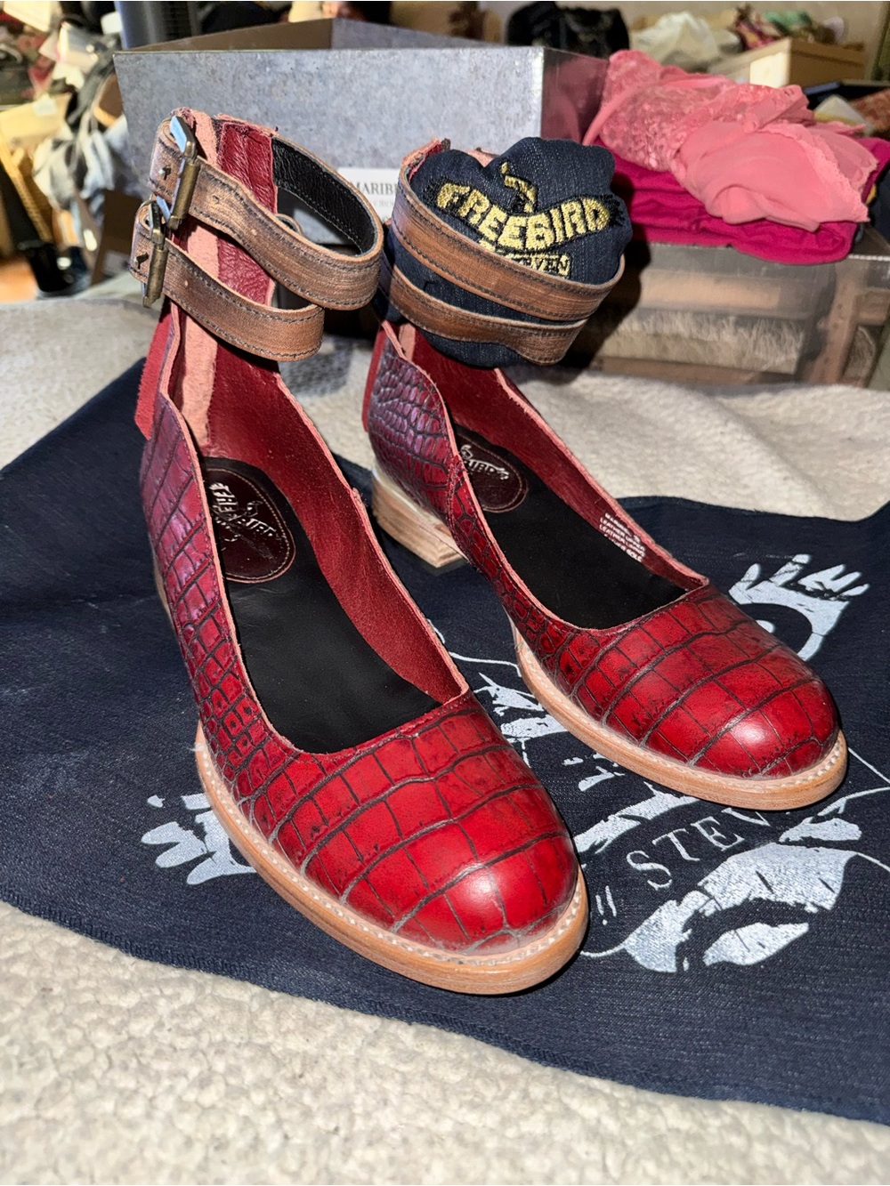 Freebird by Steven Maribel Red Croco Leather Ankle-Strap Pumps - Women NWT